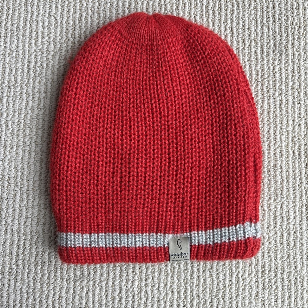 Winterborn Alpaca handmade peru reversible red grey Beanie Hat Cap Knit